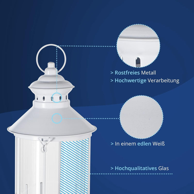 KHG Laterne Leuchtturm 72 cm aus Metall/Glas in weiss, Kerzenständer, Kerzenhalter, Outdoor und Indo