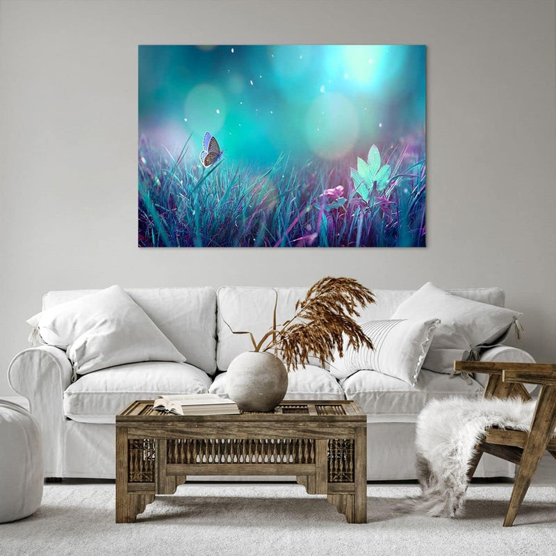 Bilder auf Leinwand 100x70cm Leinwandbild Schmetterling Wiese Blume Gross Wanddeko Bild Schlafzimmer