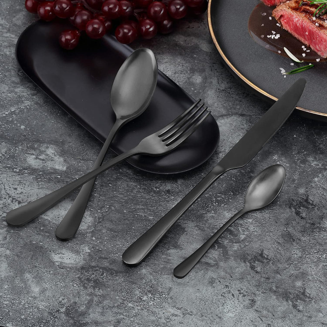 BEWOS 24 Stück Besteck Set, Schwarz Mattiert Essbesteck Set für 6 Personen, Besteck Edelstahl Spiege