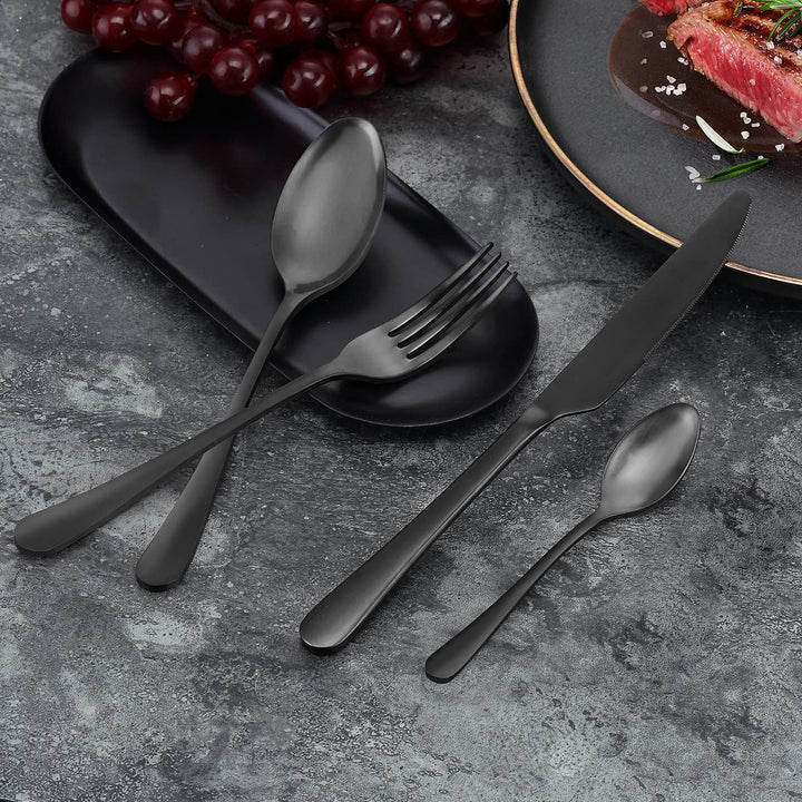 BEWOS 24 Stück Besteck Set, Schwarz Mattiert Essbesteck Set für 6 Personen, Besteck Edelstahl Spiege