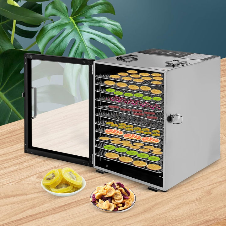 Lebensmittel-Dörrautomat aus Edelstahl, 800W Dörrgerät mit 12 Einschüben, 30-80°C Temperaturregelung
