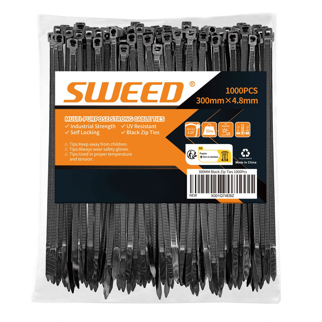 SWEED Kabelbinder schwarz 300mm, 1000 Stück Kabelbinder UV Beständig, 4.8mm Breite Kabelbinder Zugfe