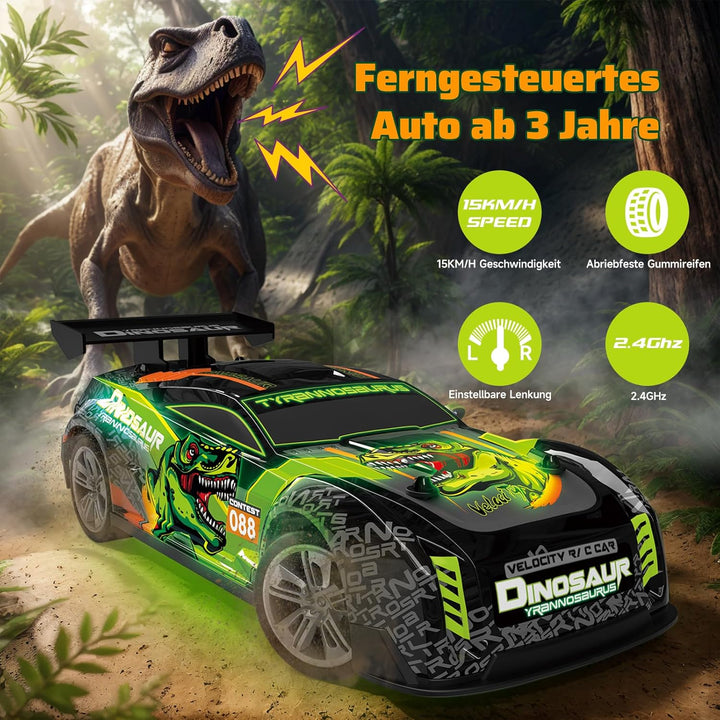 Ferngesteuertes Auto ab 3 4 5 6 Jahre, Dinosaurier Spielzeug mit Licht und Musik, 15KM/H 1/16 Fernge