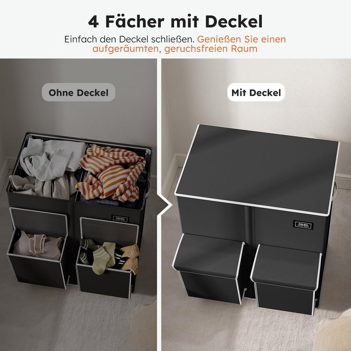 SOLEDI 180L Wäschekorb mit Deckel, Wäschesammler 2 Fächer mit 2 Seitentaschen, Laundr Baskets mit 2