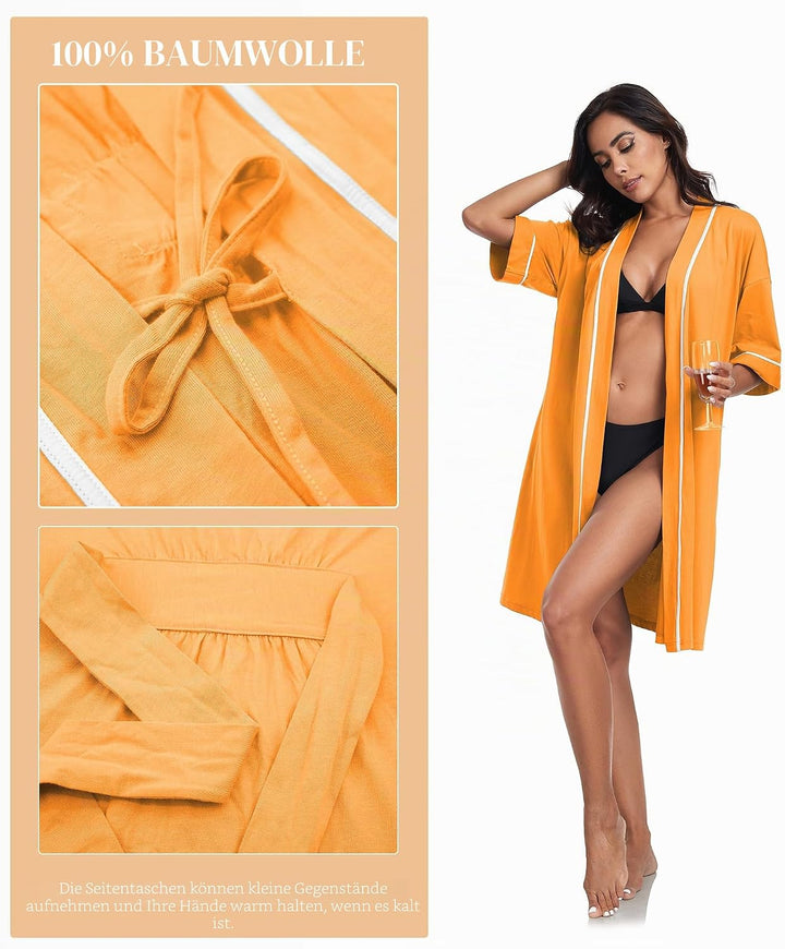COLORFULLEAF 100% Baumwolle Bademantel Damen Kurz Morgenmantel Leicht Knielang Kimono Saunamantel Na