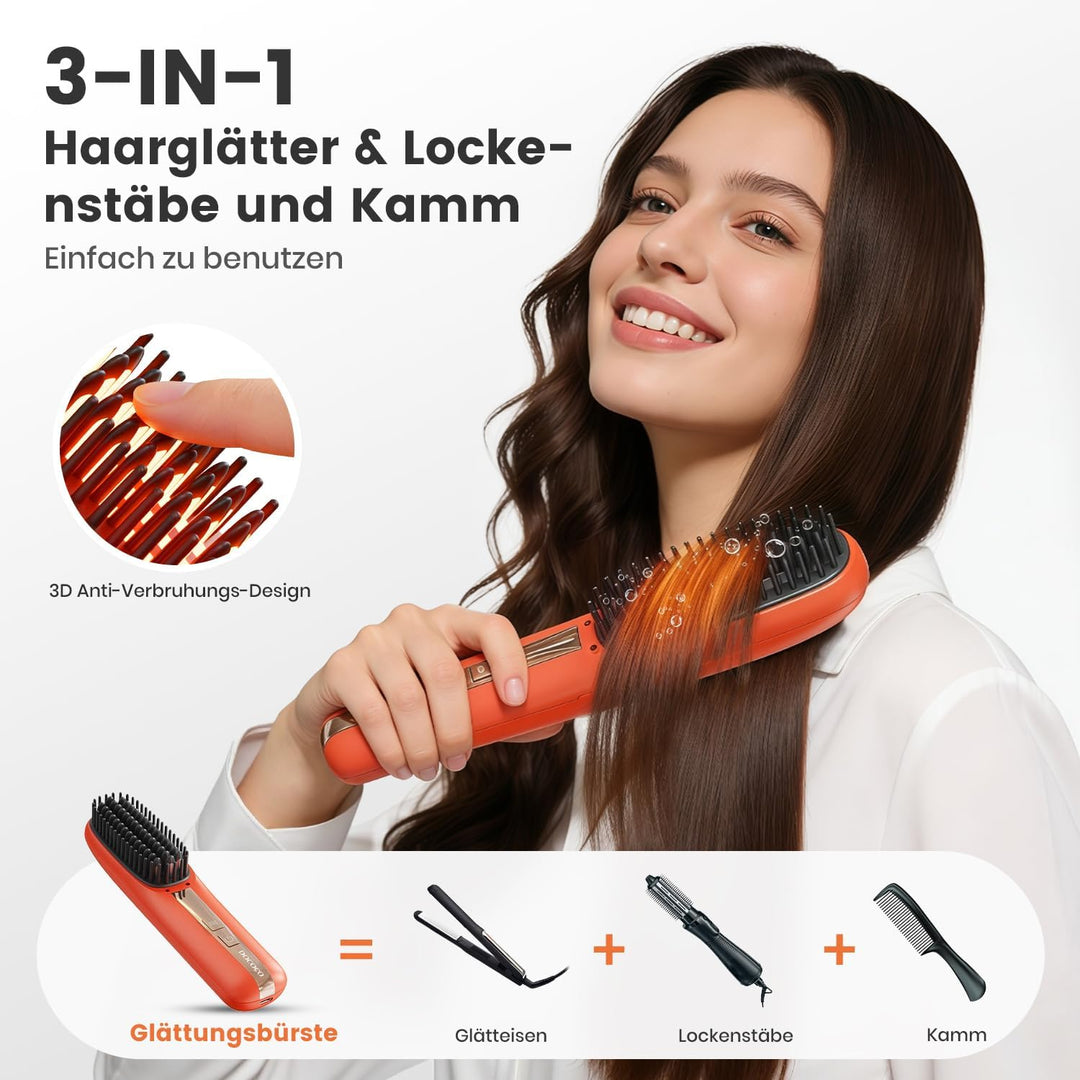 Glättbürste Kabellos 2026 Neu, DOCOCO 3 in 1 Haarglätter Bürste mit 300 Millionen Negative Ionen, Tr