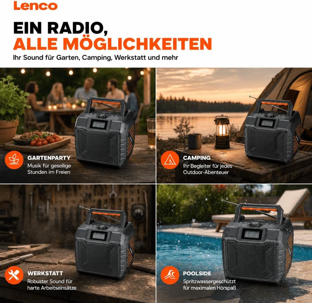 Lenco ODR-160BK Outdoor-Radio - DAB+/FM-Radio, Bluetooth-Lautsprecher, stossfest & wasserdicht, SD-K