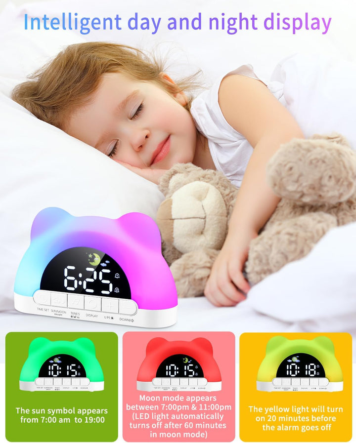 PERMUST Wecker Kinder 10 Weckerlärme, 11 RGB-Farben, 2 Alarme + Snooze, Schlaftrainer, Einstellbare