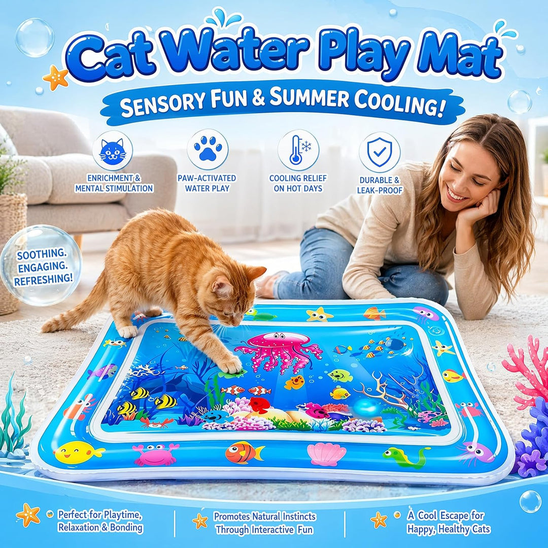 Wassermatte Katze, Wasserspielmatte Katze Hund, Verdickte PVC Katzen Kühlmatte mit Fischen &amp; LED-Lic