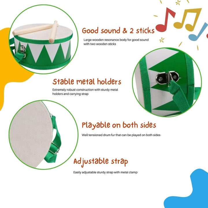 Trommel für Kinder grün-Weiss Musikinstrument aus Holz mit Trageriemen und Sticks D: 20 cm- 3845g