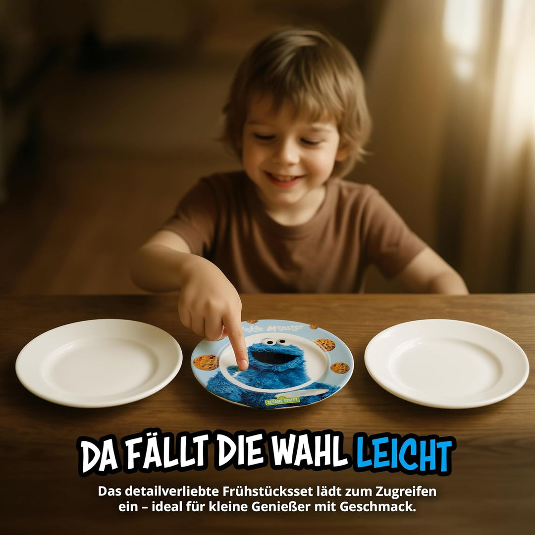 United Labels Krümelmonster Frühstücksset Kinder, mit Krümelmonster und Keksen, Geschirr Set Porzell