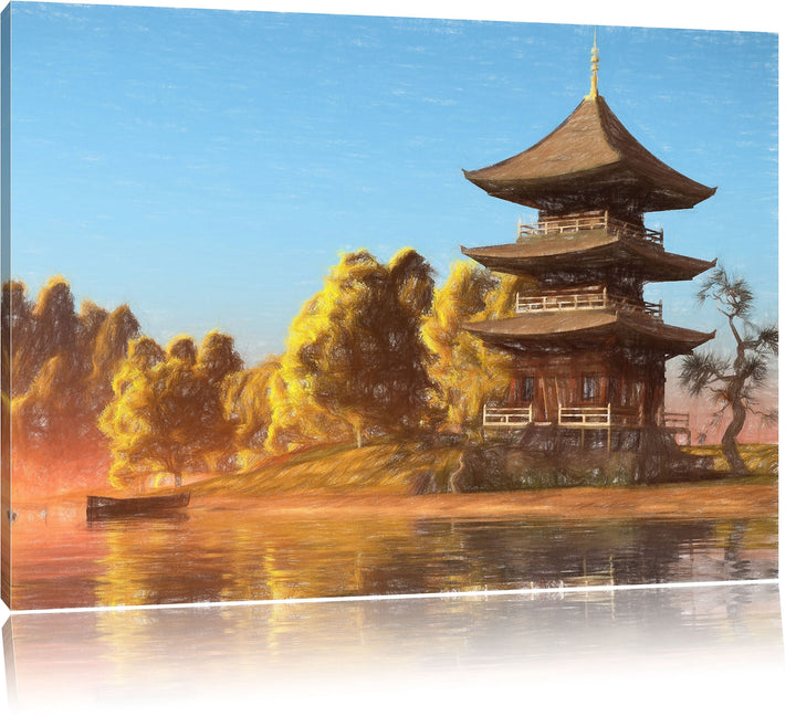 Pixxprint prachtvoller asiatischer Tempel an See Kunst Buntstift Effekt, Format: 100x70 auf Leinwand
