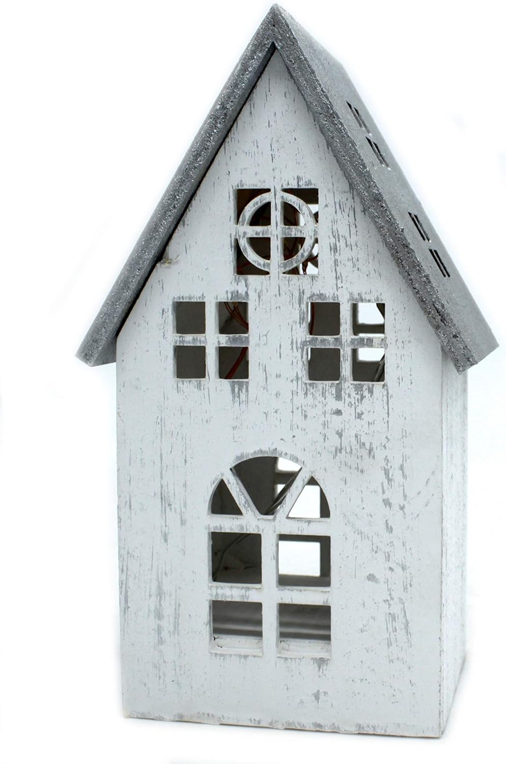 DARO DEKO Holz LED Haus weiss Silber 12 x 21cm, 12 x 21cm