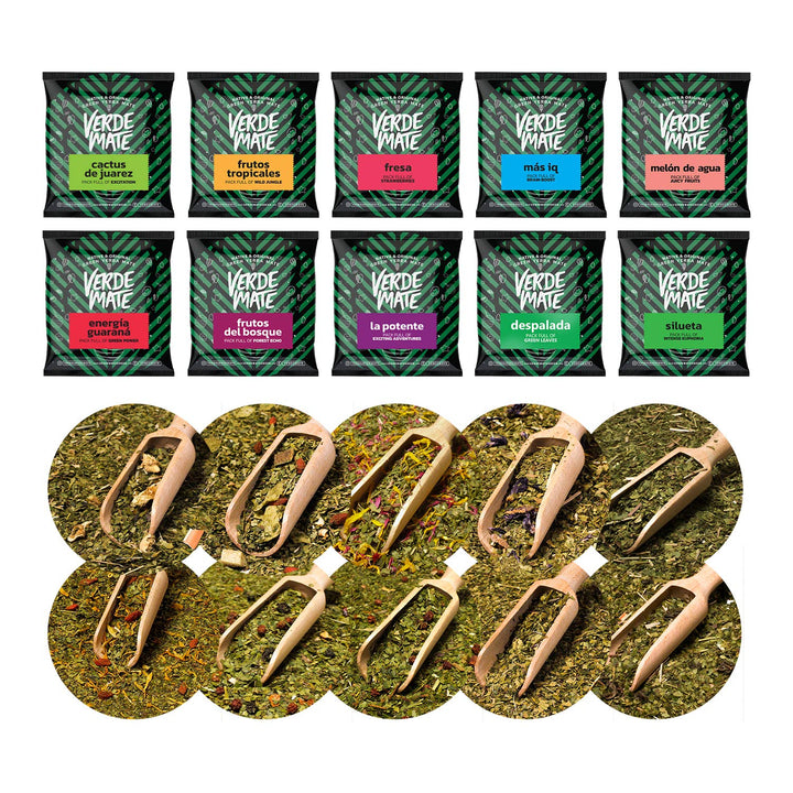Mate Tee Verde Mate Set 10x50g Probierset - Yerba Mate aus Brasilien - Luftgetrocknet, Staubarm, 5mm
