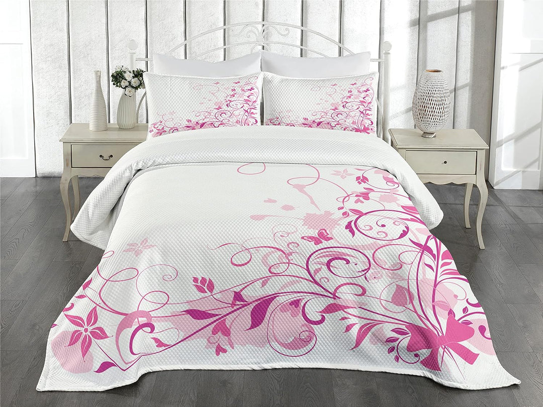 ABAKUHAUS Rose Tagesdecke Set, Strudel Schmetterlinge Blätter, Set mit Kissenbezügen Waschbar, für E