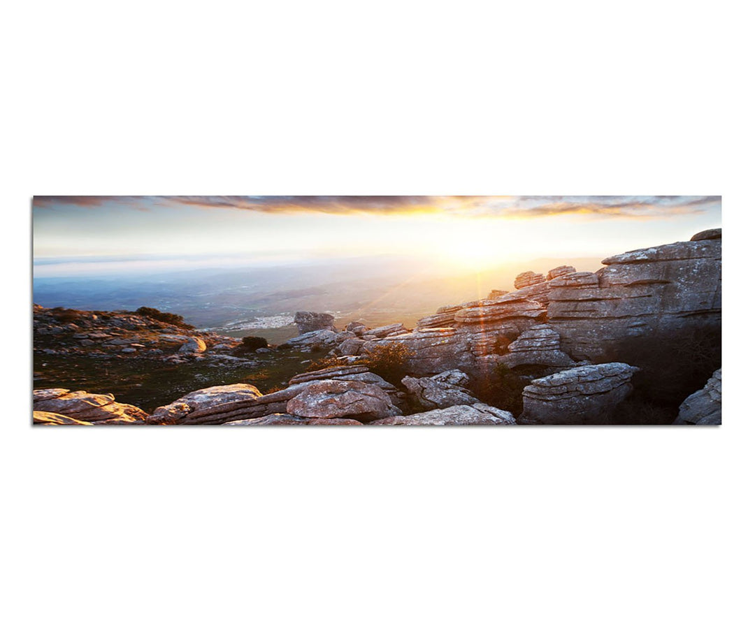 Paul Sinus Art Panoramabild auf Leinwand und Keilrahmen 150x50cm Spanien Gebirge Berge Sonnenstrahle