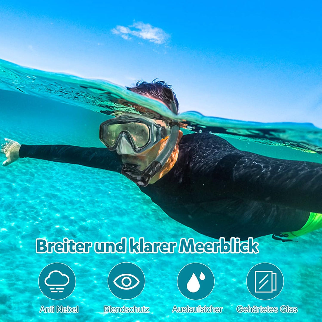 Schnorchelset Erwachsene mit Flossen, Anti-Fog Panorama-Weitblick Taucherbrille, Premium Dry Schnorc