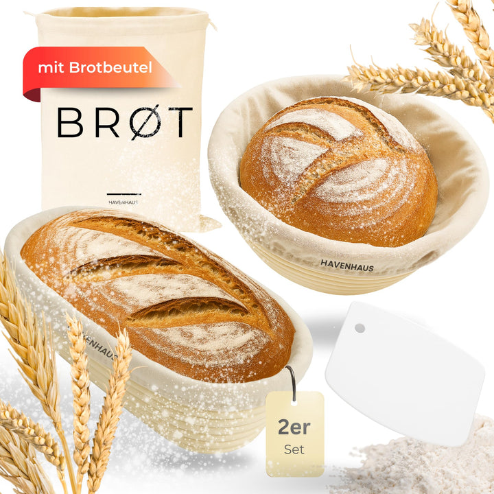 Gärkörbchen 2er Set oval & rund | Rattan Gärungskorb oval & rund für 1kg Teig mit praktischem Zubehö