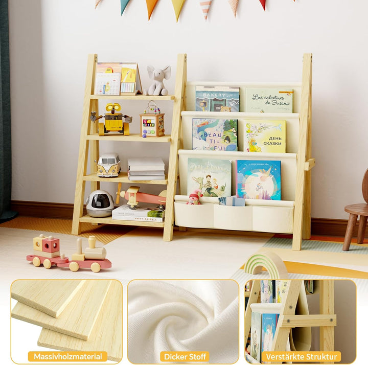 Bücherregal für Kinder, Holz, Vier Etagen Regal für Spielzeug Aufbewahrung, Montessori Bücherregal f