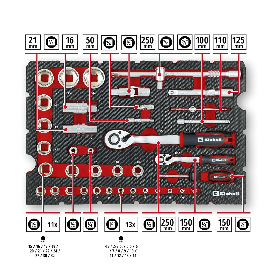 Original Einhell Werkzeugkoffer Mechanik E-Case 201-tlg. (Allrounder, Bit-Zubehör, Stecknuss-Set, Um
