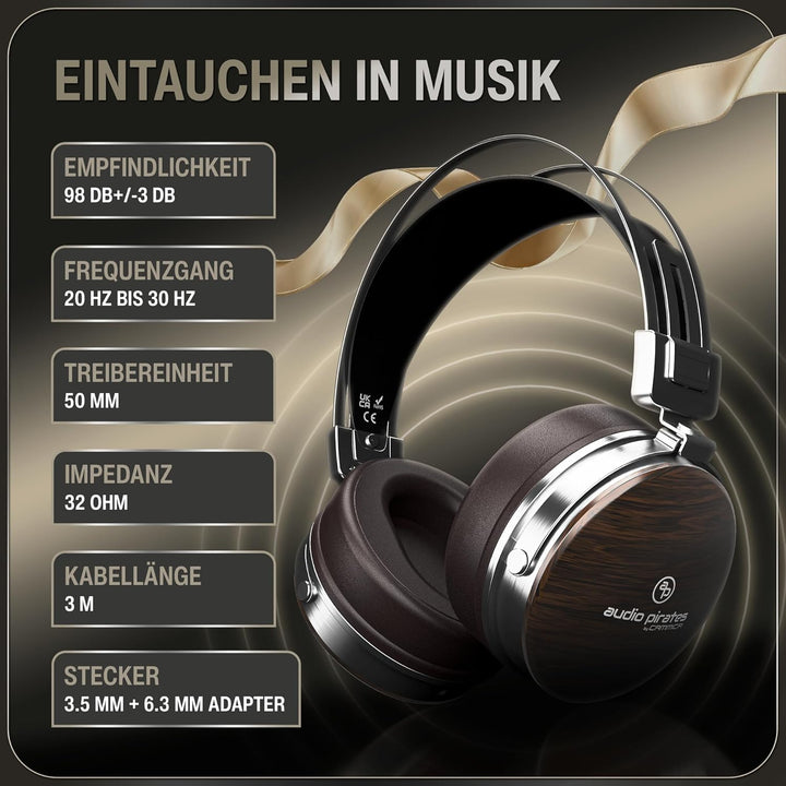 audio pirates Over-Ear Kopfhörer, Echtholz Kopfhörer, Top HiFi Sound, Kopfhörer mit Case, 3 m Kabel
