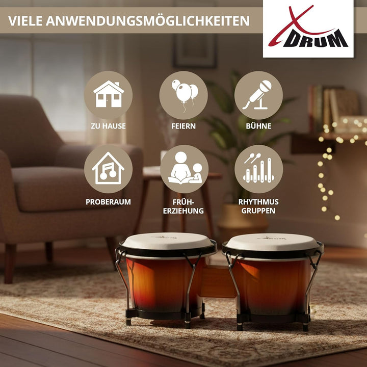 XDrum Bongos Club - 6" Macho und 7" Hembra - Naturfelle - professionelles Stimmsystem - Schwarz sati