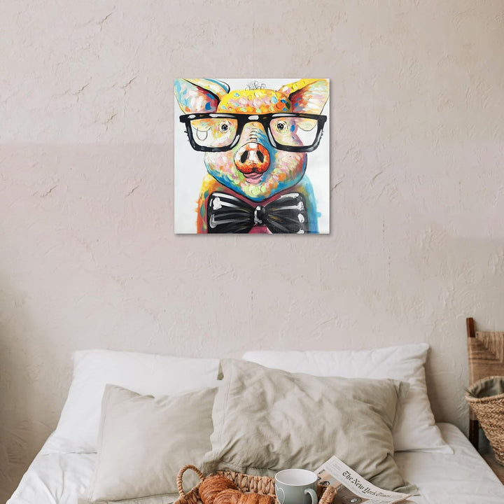 Fokenzary handbemalt Cute Pig mit Brille Pop Art Wand Leinwand Gemälde gerahmt fertig zum Aufhngen 1