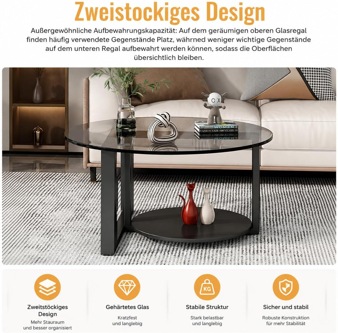 Couchtisch rund Ø60 x H45 cm-Beistelltisch mit Ablage - 2 Ebenen