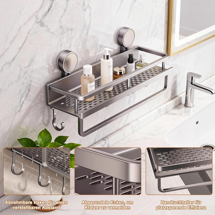 Saugnapf-Duschablage ohne Bohren, Duschablage Saugnapf, Duschgel Halterung mit 5 Haken und 1 Handtuc