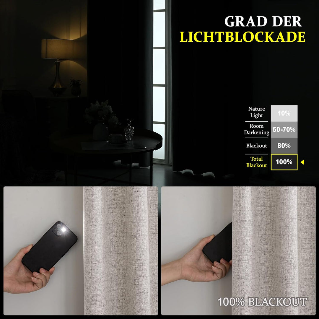 CUCRAF Leinenoptik 100% Blickdicht Vorhänge mit Ösen Wärmeisolierte Schlafzimmer Vorhänge mit Beschi