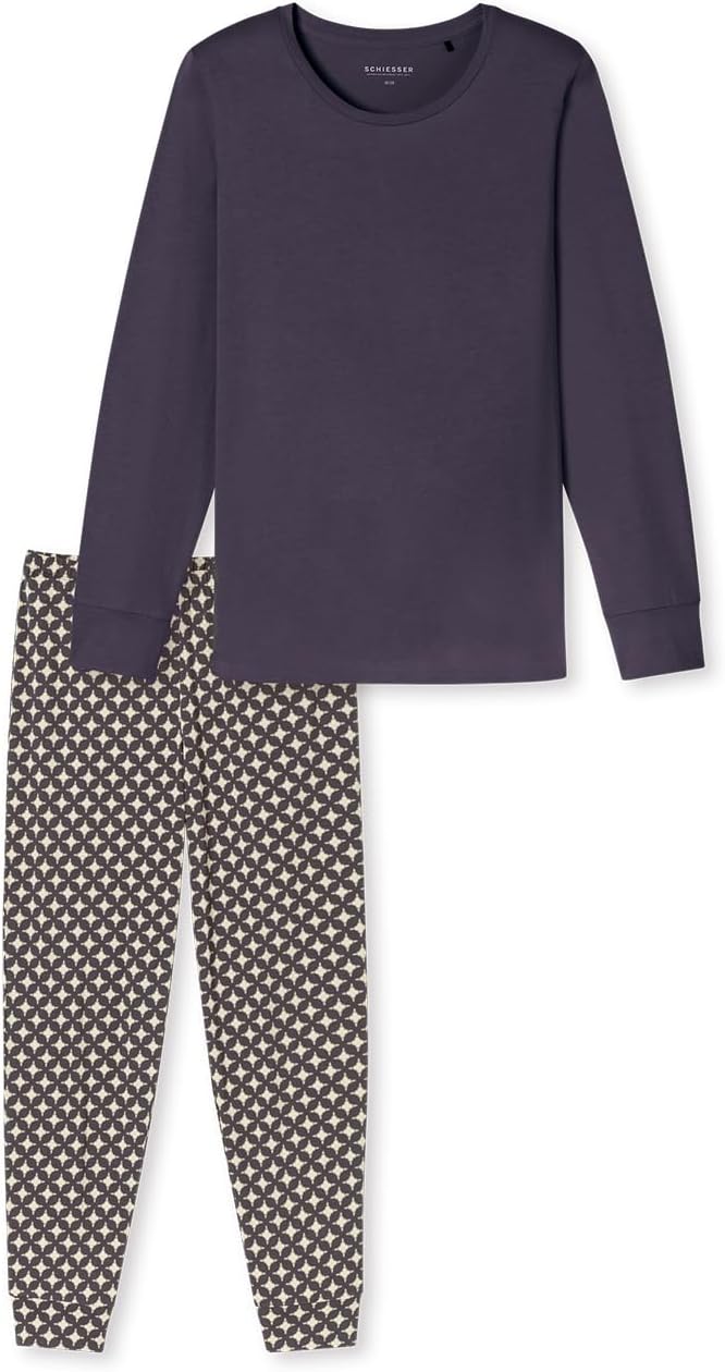 Schiesser Damen Schlafanzug lang mit Bündchen Baumwolle - Nightwear 36 Graphit_181987, 36 Graphit_18