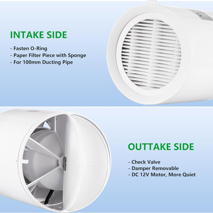 100mm Inline Kanalventilator, DC 12V Extraktor Axiallüfter Kit mit 2-Meter Kanalschlauch, Regler für