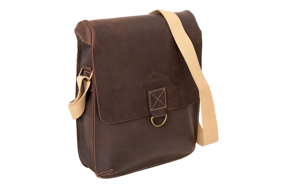 Messenger Bag NEW YORK Echtes Büffel-Leder Herren Damen Vintage By Alpenleder, Coffee, 38 cm x 33 cm