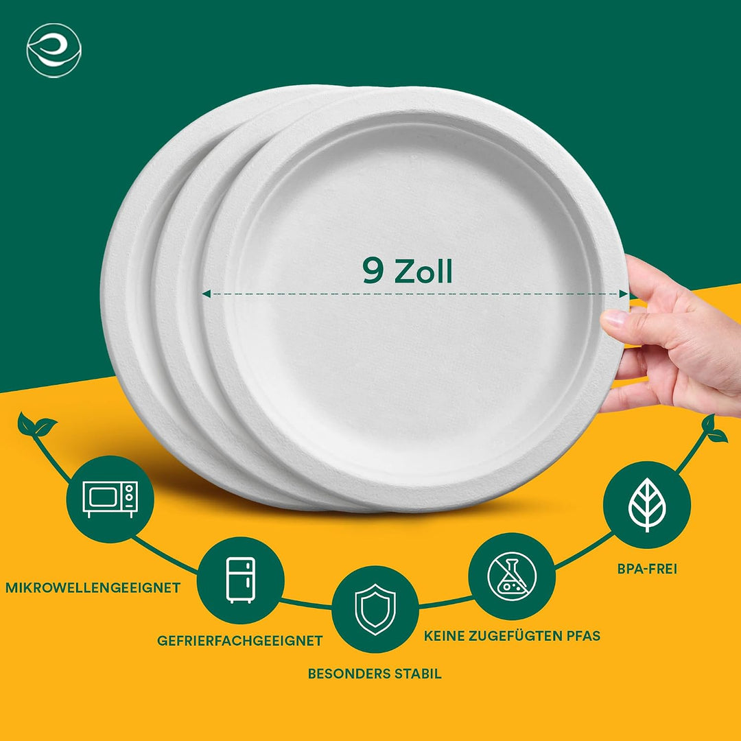 ECO SOUL weisse 23 cm (9 Zoll) runde Bagasse-Papierteller (100 Stück), Einweggeschirr, 100% komposti