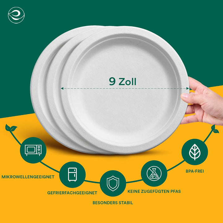 ECO SOUL weisse 23 cm (9 Zoll) runde Bagasse-Papierteller (100 Stück), Einweggeschirr, 100% komposti