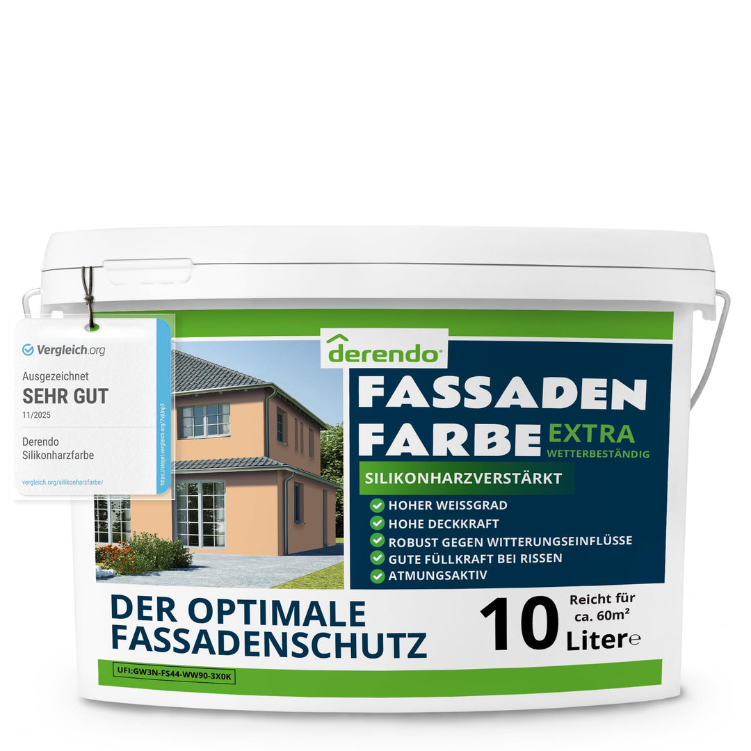 derendo Fassadenfarbe terracotta 10l mit EXTRA hohem Wetterschutz, matte silikonharzverstärkte Fassa