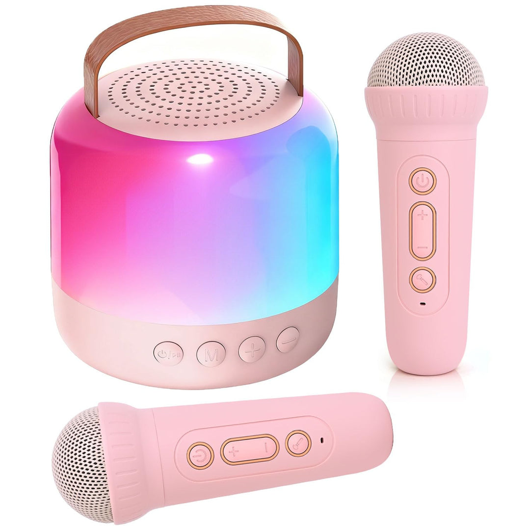 Karaoke Maschine mit 2 Drahtlosen Mikrofonen für Kinder, Tragbarer Bluetooth-Lautsprecher mit LED un