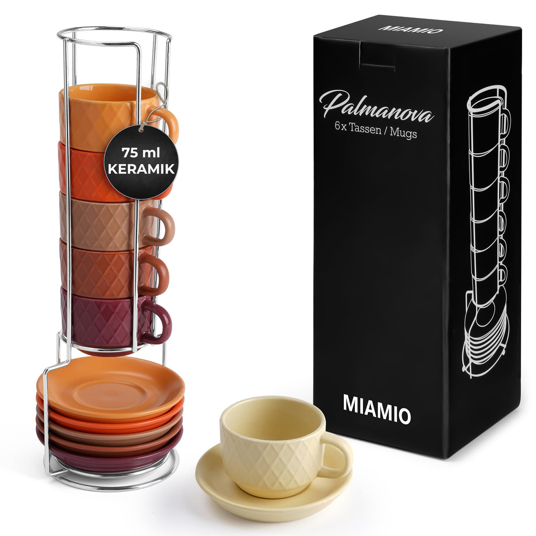 MIAMIO – 6 x 75 ml Espresso Tassen/Espressotassen Set mit Ständer Steingut Keramik - Palmanova Kolle