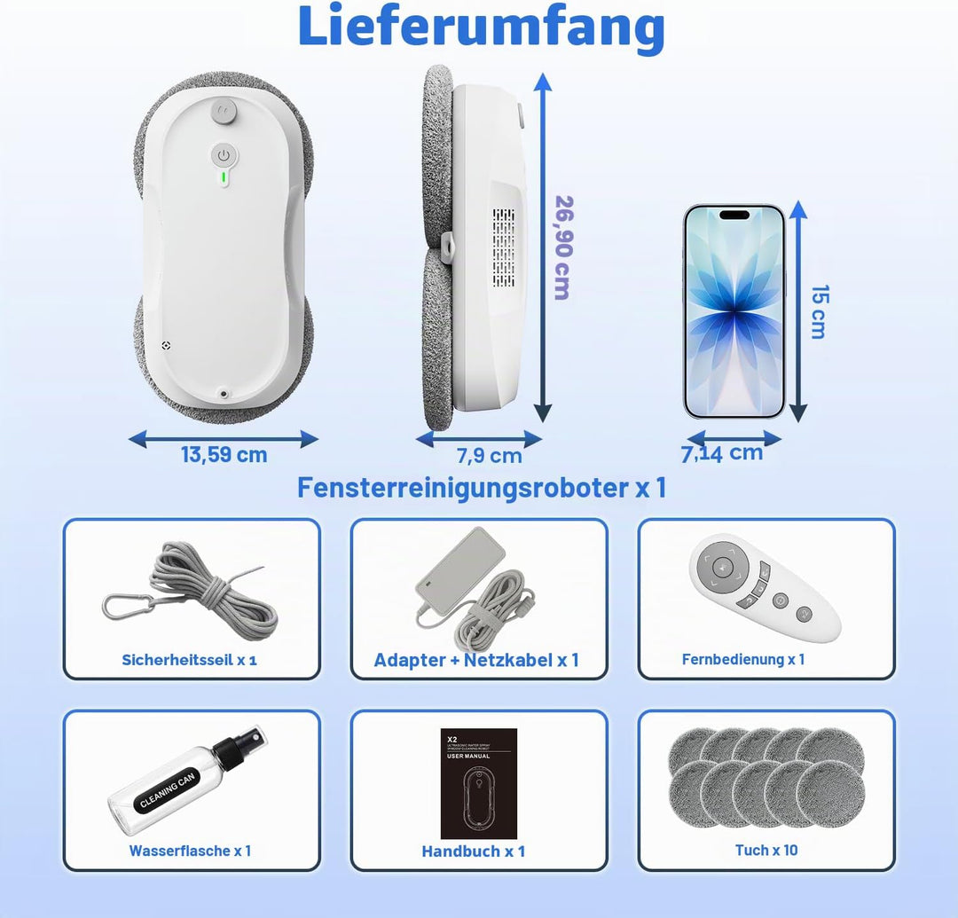 KKI Fensterreinigungsroboter, Automatischer Fensterreiniger-Roboter, Dual-Spray, max3200 Pa, KI-Pfad