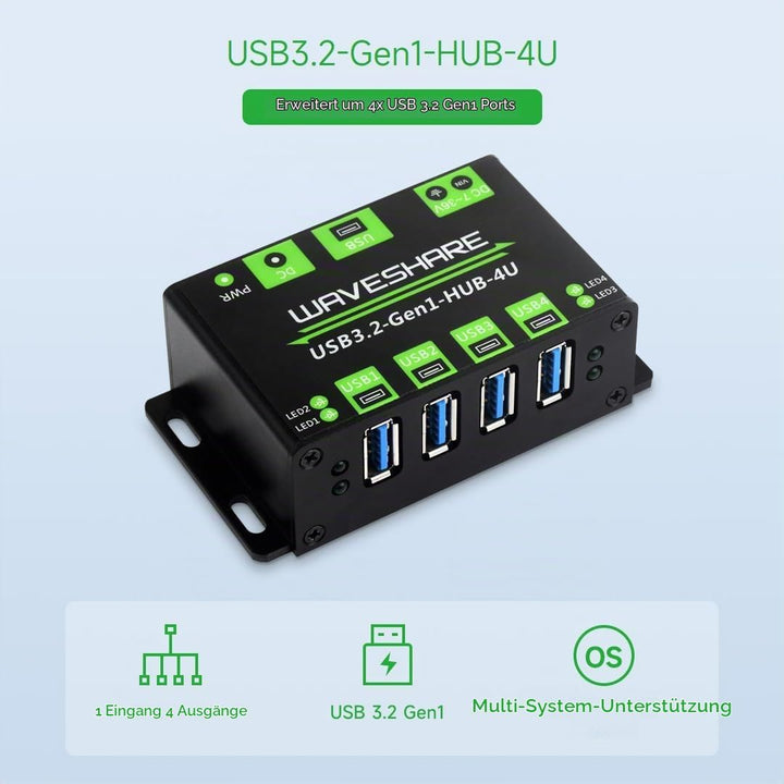 Waveshare 4-Ch USB 3.2 Gen1 HUB, Metal Case with Wall-Mount Support, Driver-Free, Plug-and-Play, Com