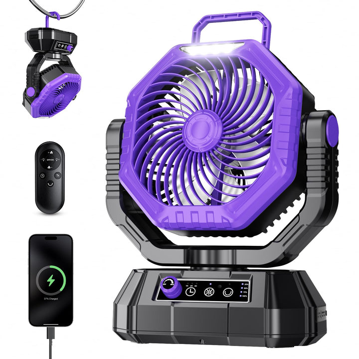 AJVV Camping Ventilator mit akku 20000mAh, Akku Ventilator mit Fernbedienung/LED Licht/270° Drehung,