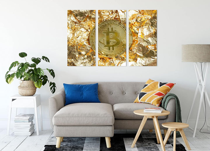 Bitcoin BTC Goldpapierals Leinwandbild 3 teilig | Grösse: 120x80 cm | Wandbild | Kunstdruck | fertig