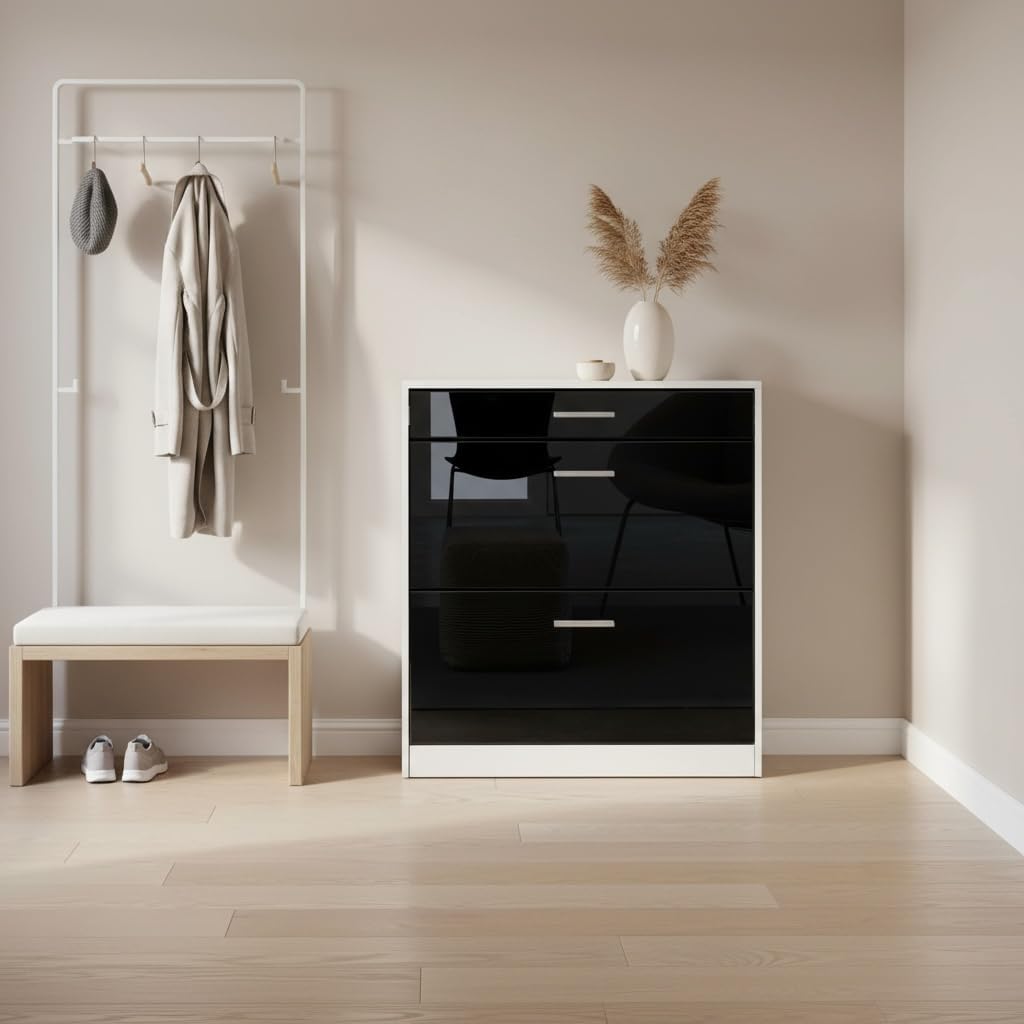 Schuhschrank Roma Schmal mit 2 Klappen und 1 Schublade, Platzsparender Schuhkipper Flurschrank für D