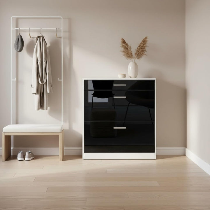 Schuhschrank Roma Schmal mit 2 Klappen und 1 Schublade, Platzsparender Schuhkipper Flurschrank für D