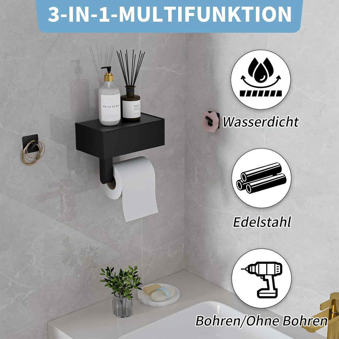 Toilettenpapierhalter Schwarz, Heatigo Klopapierhalter Ohne Bohren mit Feuchttücherbox Klorollenhalt