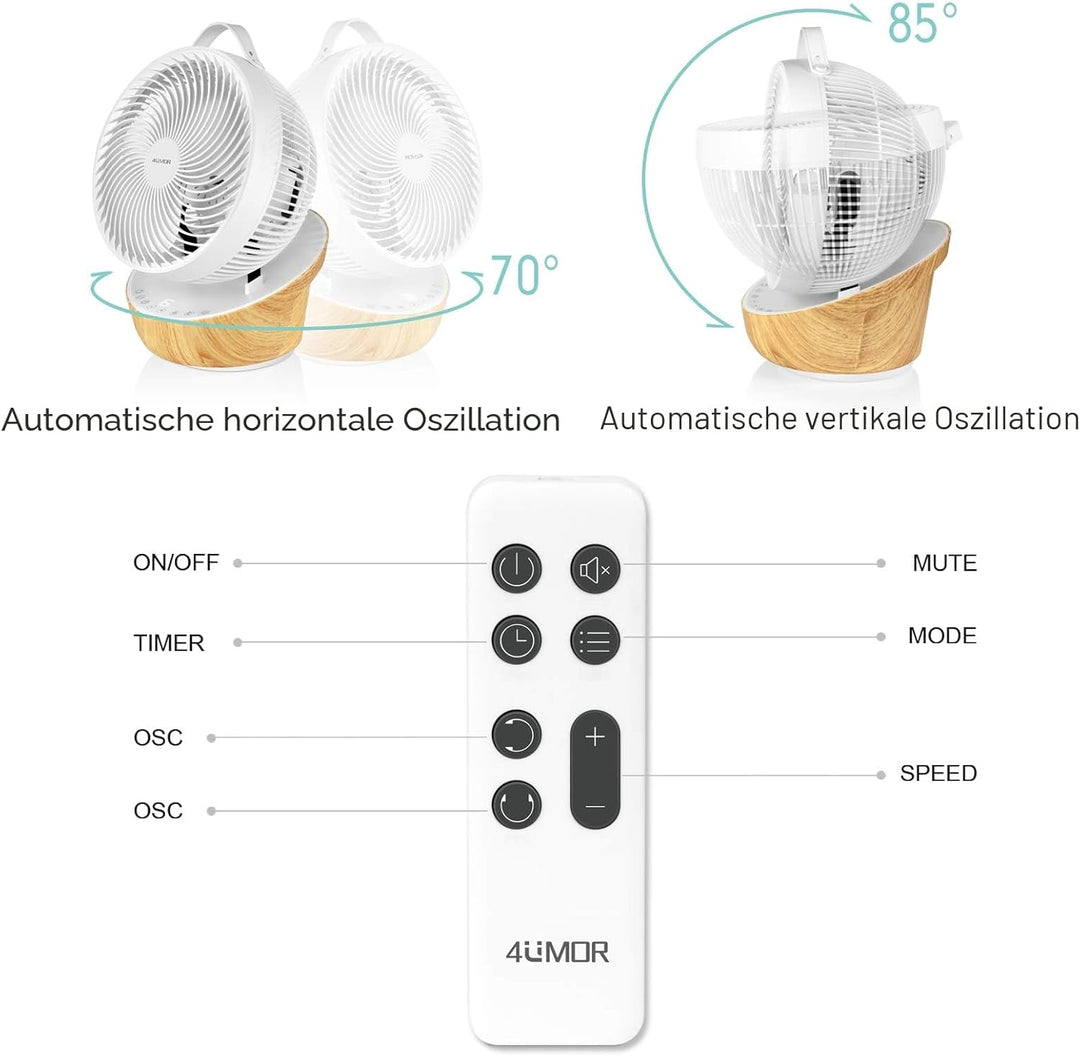 4UMOR Ventilator leise 20dB 7,6m/s Turbo 21W DC Motor 12 Geschwindigkeiten Tischventilator sehr Leis
