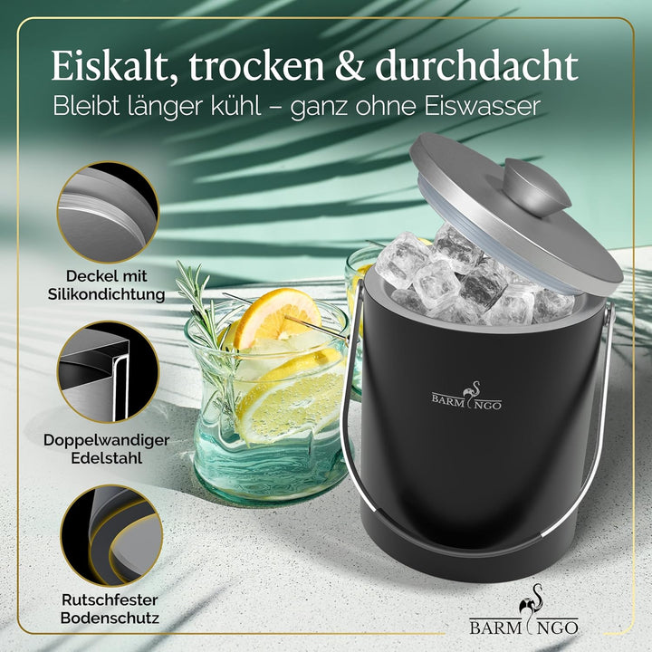 BARMINGO Edelstahl Eiswürfelbehälter mit Deckel - 2l Eisbehälter mit Sieb, Eiswürfelform, Zange | Ei