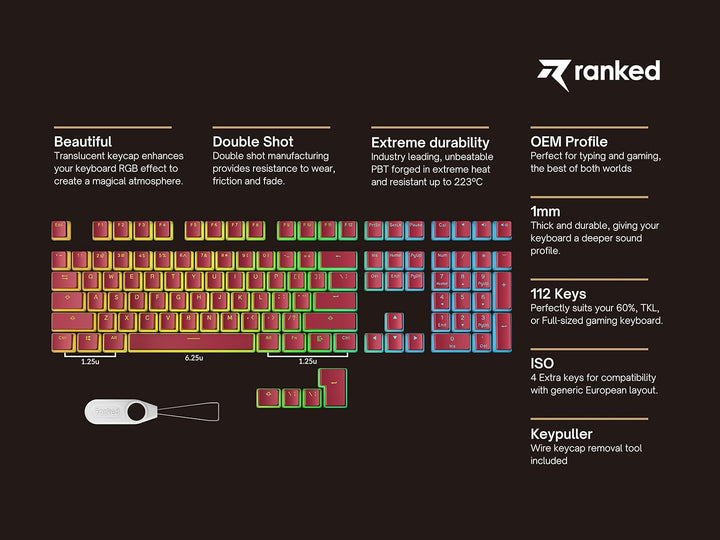 Ranked Pudding PBT-Tastenkappen | 112 Double Shot Transluzent ANSI US- und ISO-Layout | OEM-Profil f