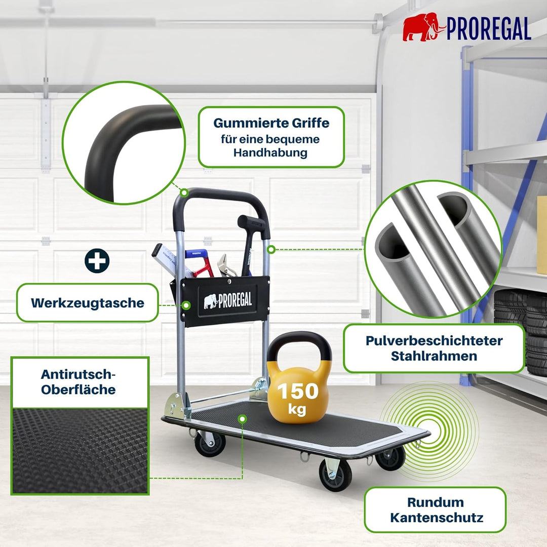 PROREGAL Profi-Plattformwagen Transportwagen Rhino 150kg klappbar mit Gummiräder, 360° Lenkrollen &