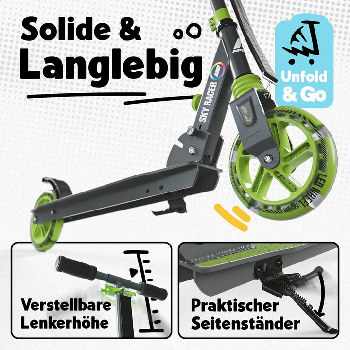 Apollo Skyracer City Roller mit LED Leuchträdern | Roller Kinder 6 Jahre | City Scooter mit Federung